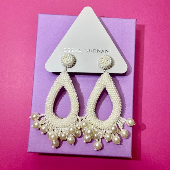 NWT Antropologie Deepa Gurnani Ivory Beaded Hoop Earrings with Pearl Tassels - Picture 7 of 10